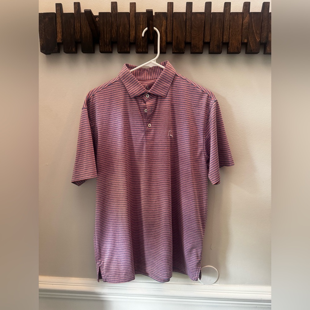 Performance polo, blue and salmon striped, medium
